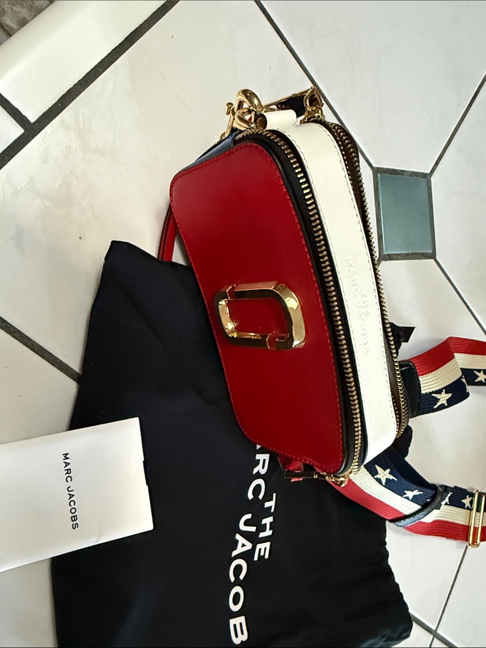 Marc Jacobs Red and White Leather Double-Zip Crossbody with Star-Stripe Strap
